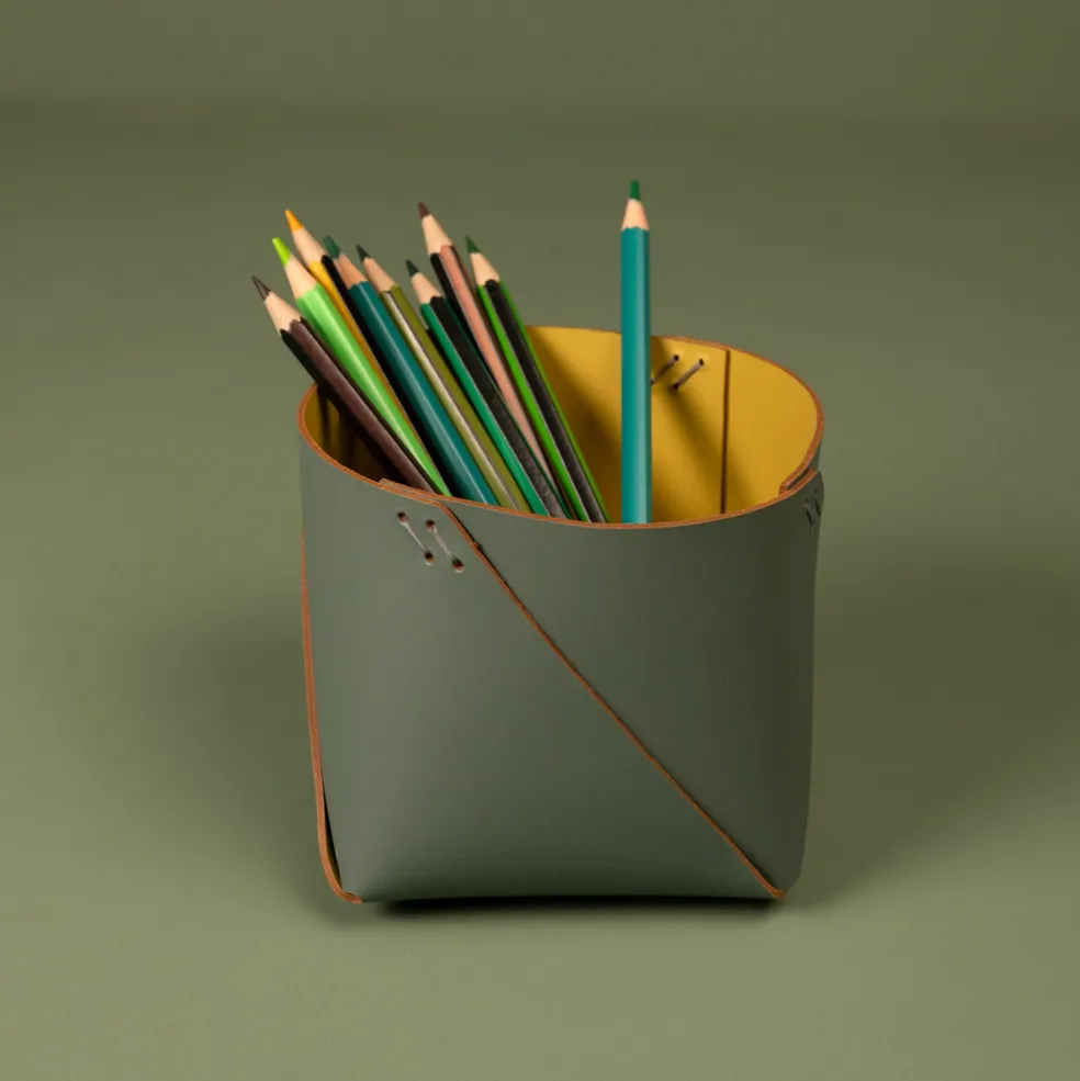 Fashion Cuero Two Tone Desk Tidy Eucalyptus & Mustard Desk Accessories | Gifts Under £50